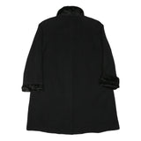 Womens Black Wool Plain Button Jacket L Fur Trim Classic Fit Elegant