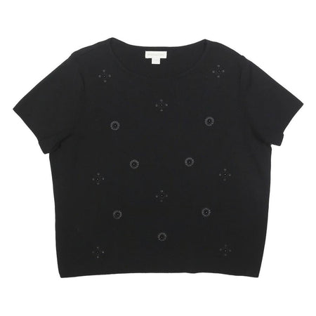 MONSOON Womens Black Embellished Basic Short Sleeve Crew Neck Top UK 14