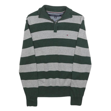TOMMY HILFIGER Mens Green & Grey Patterned Jumper V-Neck Basic Knit XS Cotton