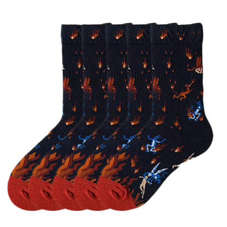 Anyfootwear 5 Pairs Size 5-9 Unisex Long Socks Cartoon On Fire Print Design Warm Winter Socks Comfortable Casual Foot Accessories