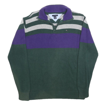 TOMMY HILFIGER Boys Green & Purple Patterned Cotton Jumper Half Zip Chunky Knit