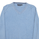 NAUTICA Mens Blue Cotton Blend Plain V-Neck Basic Knit L Jumper Light Comfort