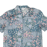 STUNT Womens Blue Printed Shirt Short Sleeve Collared Floral M Silk Smooth
