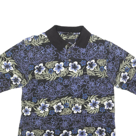 STRAIGHT DOWN Mens Black Blue Green Floral Short Sleeve Polo Shirt M Cotton