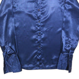 Mens Blue Satin Plain Shirt M Long Sleeve Button Closure Point Collar Classic