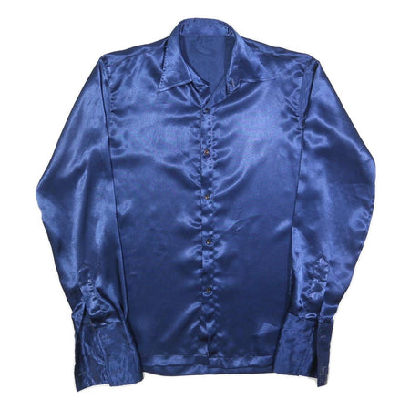 Mens Blue Satin Plain Shirt M Long Sleeve Button Closure Point Collar Classic