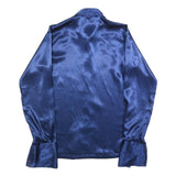 Mens Blue Satin Plain Shirt M Long Sleeve Button Closure Point Collar Classic