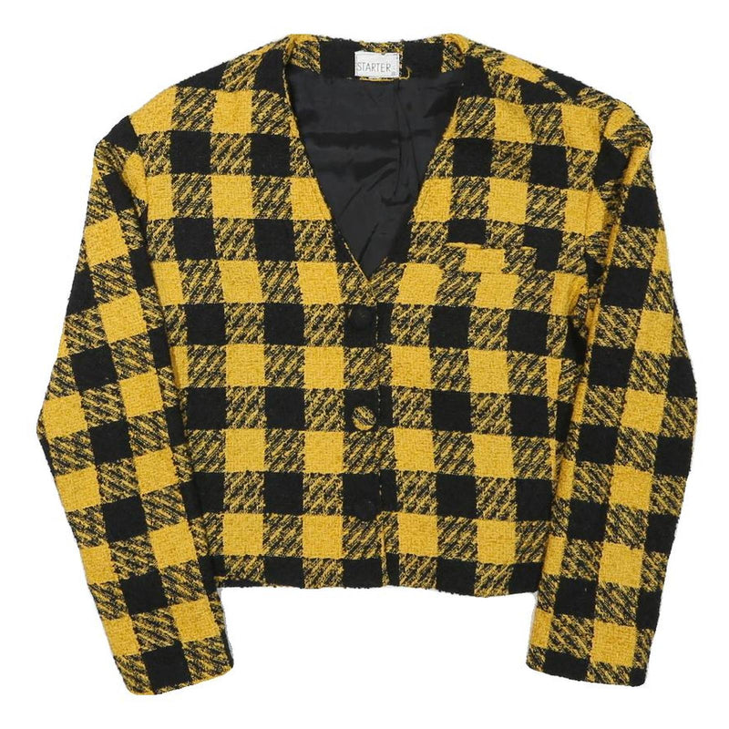 STARTER Womens Yellow & Black Check Button Jacket M Polyester Blend Cropped Fit