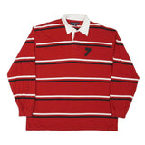 DENVER HAYES Mens Red & White Striped Long Sleeve Polo Shirt L Cotton Blend