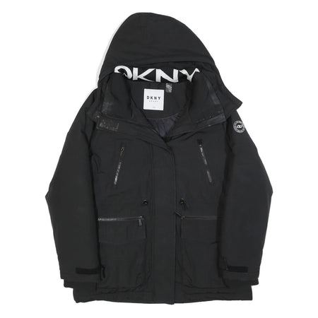 DKNY Womens Black Zip Jacket M Polyester Blend Sport Casual Hooded Pockets