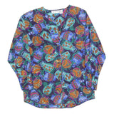 RESTLESS Womens Blue Green Printed Blouse Long Sleeve V-Neck S Artistic Silk Top