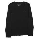 TOMMY HILFIGER Womens Black V-Neck Long Sleeve T-Shirt S Cotton Blend Classic