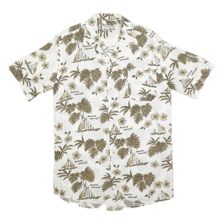 WORLD OF BASIC Mens White & Brown Hawaiian Shirt S Summer Casual Cotton Blend