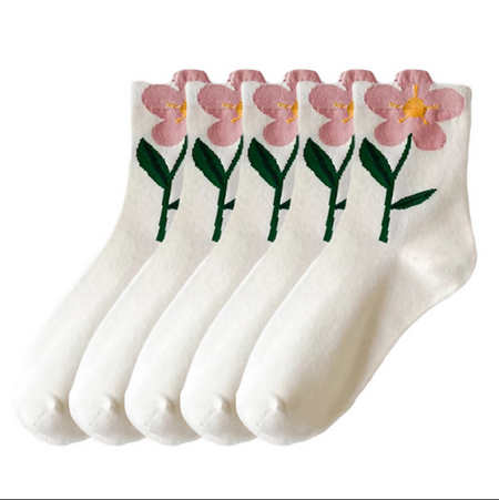 Anyfootwear 5 Pairs One Size 5-8 White Orchid Style Cartoon Flower With Candy Color Kawaii Mid Tube Breathable Casual Short Socks For Women
