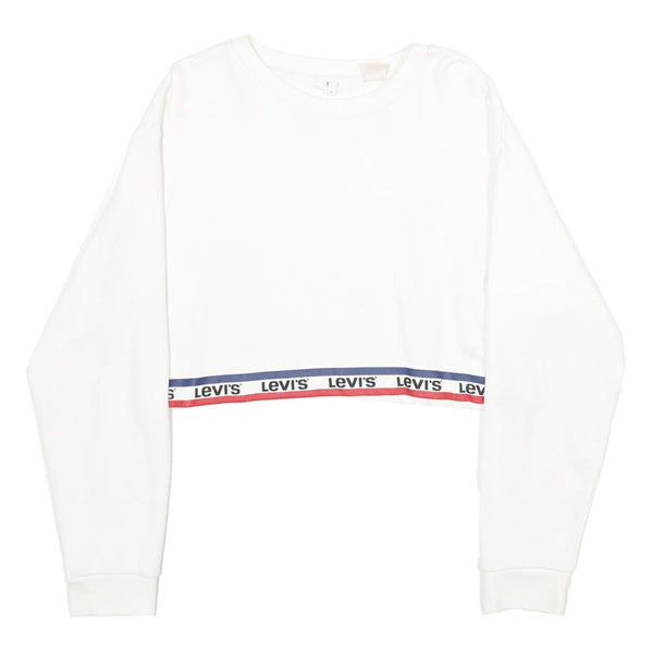 LEVI'S Womens White & Navy Crew Neck XS Logo Band Sweatshirt Crop Top
