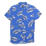 FSBN Mens Blue White Leaf Pattern Shirt S Slim Fit Casual Summer Polyester