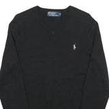 POLO RALPH LAUREN Mens Black Jumper Plain V-Neck Basic Knit S Cotton Pullover