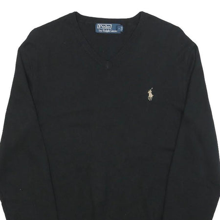 POLO RALPH LAUREN Mens Black Jumper Plain V-Neck Basic Knit S Cotton Pullover