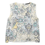 ZARA Womens White Blue Yellow Printed Sleeveless Round Neck Top S Lightweight