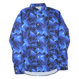 Mens Blue & Black Crazy Print Shirt M Long Sleeve Button Down Polyester Casual