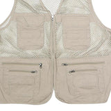 Mens Beige Mesh & Polyester Blend Utility Jacket L Zip Vest Multi Pocket