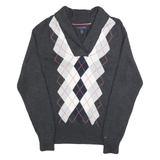 TOMMY HILFIGER Womens Grey Argyle Pattern Jumper Shawl Collar Cable Knit L