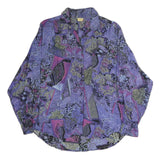 Womens Purple Patchwork Pattern Polyester Shirt M Vintage Style Long Sleeve