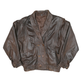 Womens Brown Leather Button Jacket L Woven Relaxed Fit Stylish Casual Outerwear