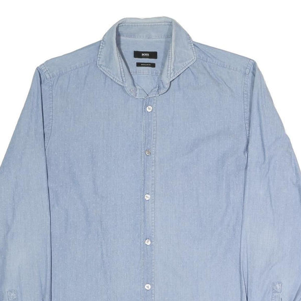 BOSS Mens Blue Plain Shirt M Cotton Blend Classic Button Collar Casual Formal