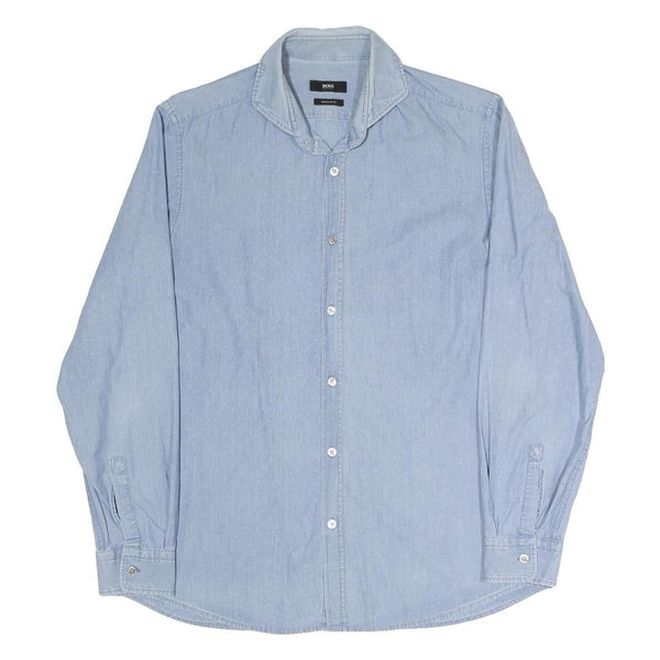 BOSS Mens Blue Plain Shirt M Cotton Blend Classic Button Collar Casual Formal