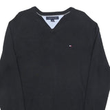 TOMMY HILFIGER Mens Black Plain Cotton Jumper V-Neck Basic Knit M Classic