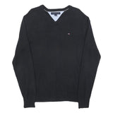 TOMMY HILFIGER Mens Black Plain Cotton Jumper V-Neck Basic Knit M Classic