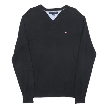 TOMMY HILFIGER Mens Black Plain Cotton Jumper V-Neck Basic Knit M Classic