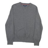 TOMMY HILFIGER Mens Grey Plain Cotton Blend Crew Neck Basic Knit Jumper L
