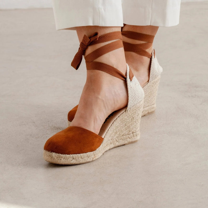 Galera Vegan Suede Espadrille Wedges - Caramel - BIANKINA