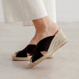 Genoa Cross Strap Vegan Suede Espadrille Wedges - Black - BIANKINA