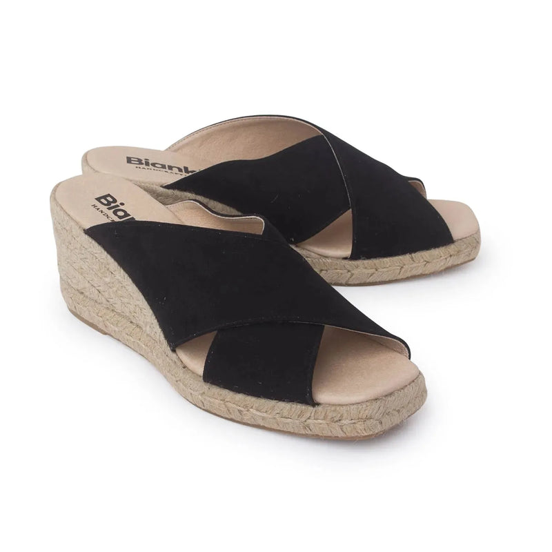 Genoa Cross Strap Vegan Suede Espadrille Wedges - Black - BIANKINA