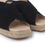 Genoa Cross Strap Vegan Suede Espadrille Wedges - Black - BIANKINA