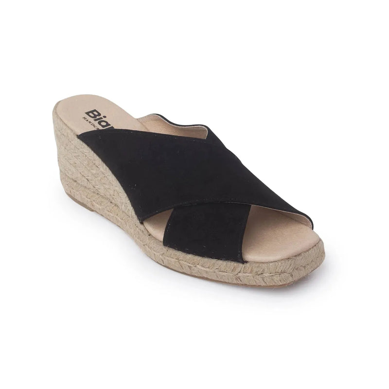 Genoa Cross Strap Vegan Suede Espadrille Wedges - Black - BIANKINA