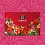 Red box with floral design and Saabuni logo on a pink patterned background