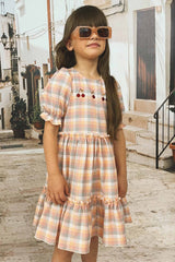 Girl Dress with Puff Sleeves -Cherry