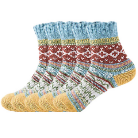 Anyfootwear 5 Pairs Size 5-9 Women Thick Warm Wool Cotton Socks Blue National Wind Flower Design Casual Winter Cozy Crew Socks Fashion Foot Accessories