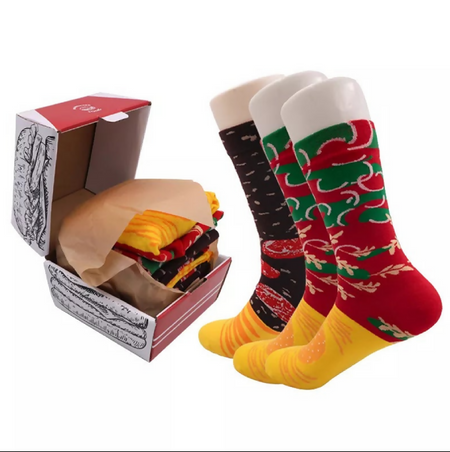Anyfootwear 3 Pairs Multi-Color Black Size 5-11 Fashion Socks Pizza Sushi Design Happy Harajuku Style Skate Cotton Comfortable Casual Socks Perfect Christmas Gift