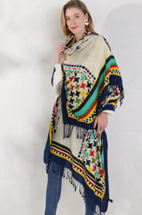 Anyyou 100% Merino Wool Blue Yellow Cab Pattern Silk Satin Large Winter Scarf Pashmina Shawl Bandana Perfect For Women Ladies Fashion Style