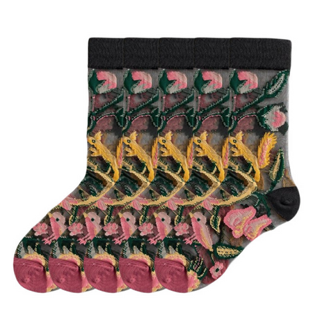 Anyfootwear 5 Pairs Black Crystal Silk Socks Size 5-9 Harajuku Fashion Flower Vine Pattern Comfortable Soft Breathable Casual Socks for Women