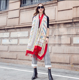 Anyyou 100% Merino Wool Red White Crossover Line Pattern Silk Satin Large Winter Scarf Pashmina Shawl Bandana Perfect For Women Ladies Fashion Style