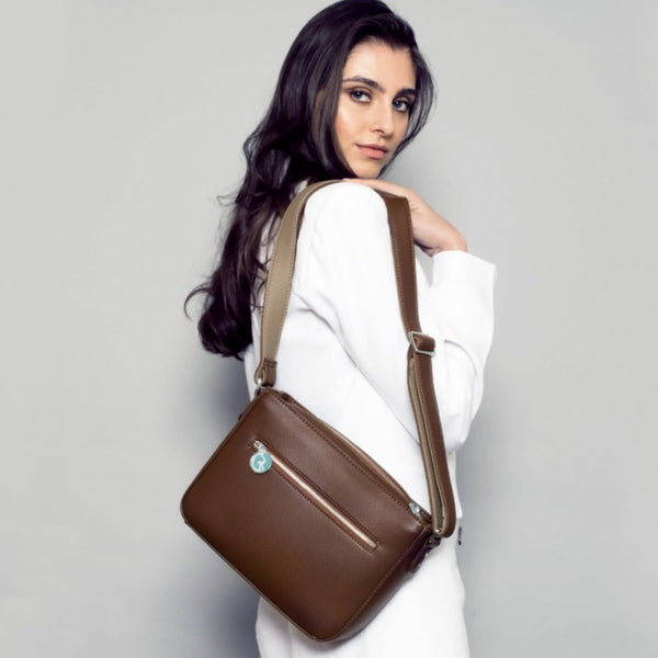 Cross-Body Vegan Handbag In Brown & Beige