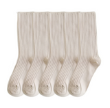 Anyfootwear 5 Pairs One Size 36-43 Beige Retro Long Knitted Socks Cotton Autumn Winter Solid Color Women Student Girls