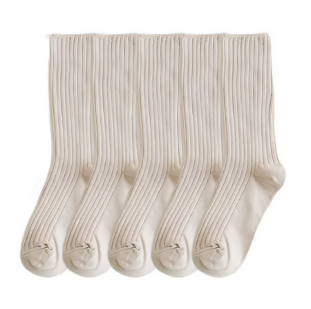 Anyfootwear 5 Pairs One Size 36-43 Beige Retro Long Knitted Socks Cotton Autumn Winter Solid Color Women Student Girls