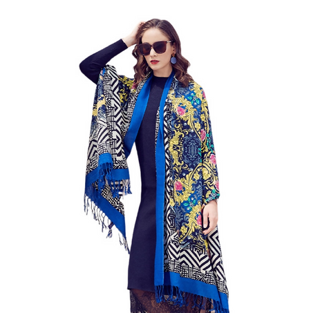 Anyyou 100% Merino Wool Blue Black-White Silk Satin Large Winter Scarf Pashmina Shawl Bandana Perfect For Women Ladies Fashion Style